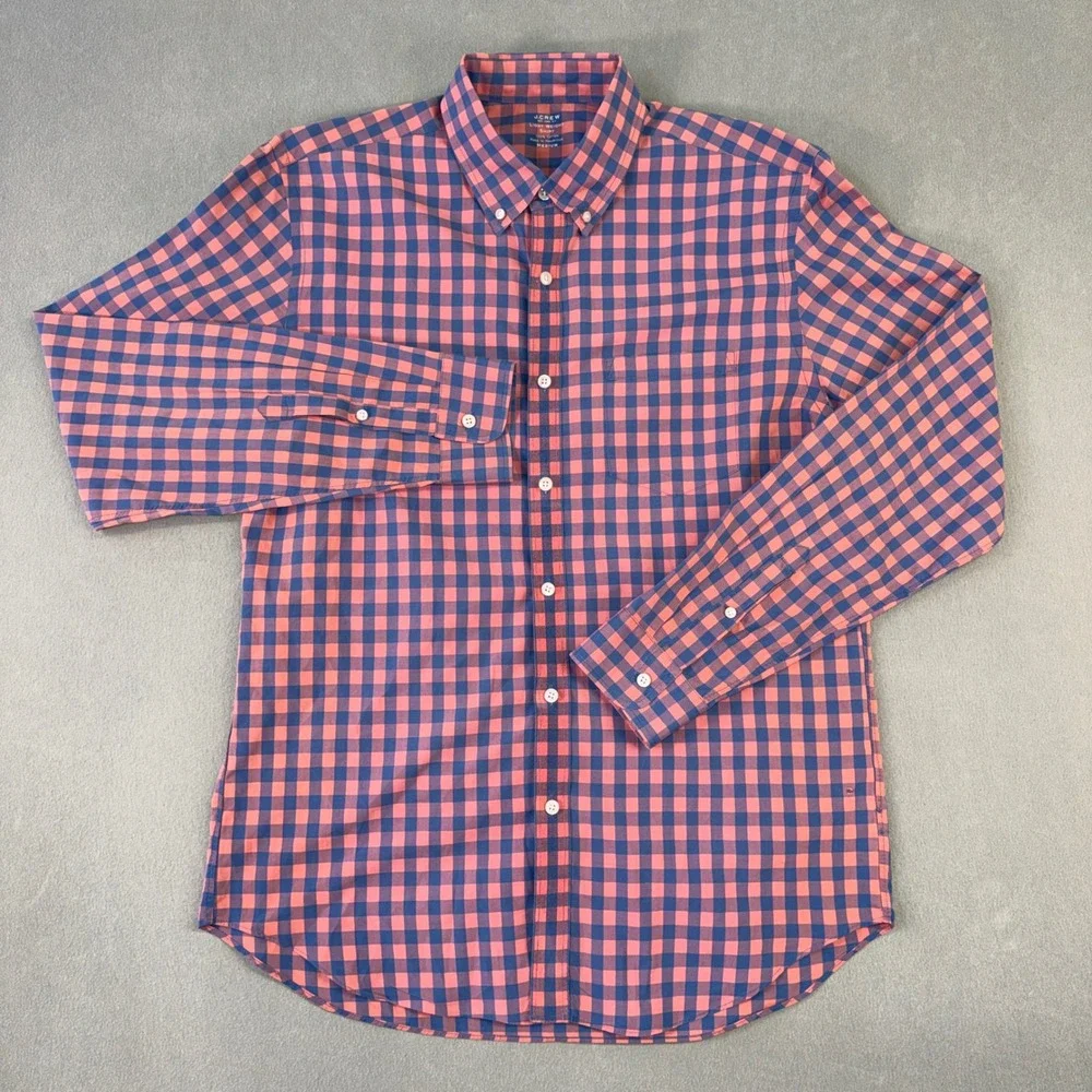 J.Crew Mens Medium Lightweight Cotton Gingham Button Down Shirt Orange Navy Blue